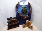 Group with 2 necklaces, 2 Bracelets 1 Matching Brooch, Clip On Earring set