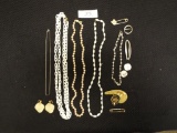 Group of Five Necklaces, 2 pair of Clip on Earring and Five Pin/Brooch