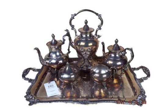 Silver plate tea service with various items