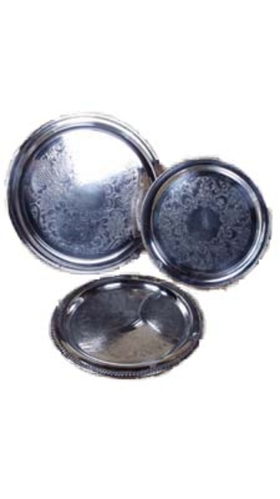 Three round silver plate platters, 18", 15", 14"