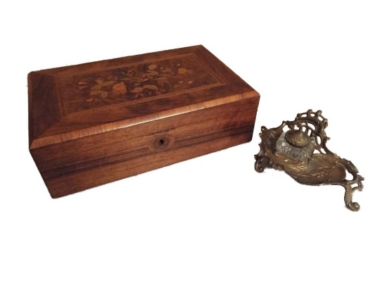 Victorian inlayed walnut lap desk & brass ink well