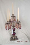 5 arm red satin glass and brass candelabra