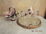 Painted cordial set and pitcher on mirrored tray