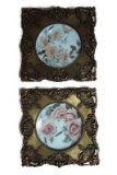 Pair of painted glass plates in gold wood frames
