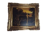 Oil on canvas painted dog in gold gilded frame