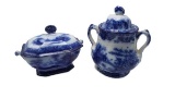 Blue double handled urn sugar jar and gravy bowl