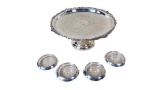 Silver plate cake stand and 4 sterling coasters