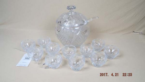 Covered crystal punch bowl set, 11 cups & ladle