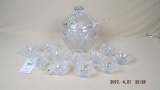 Covered crystal punch bowl set, 11 cups & ladle