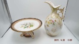 Group w/plate on a pedestal & hand painted pitcher