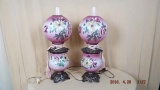 Pair of electrified painted glass oil lamps