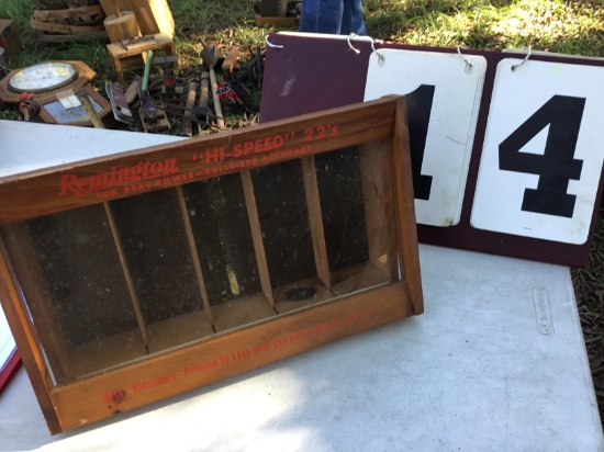 Old Remington bullet store countertop case w/ "Hi-Speed" 22s painted on it w/ glass front