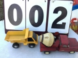 Pair of old tin trucks - 1 cement mixer, 1 dump truck