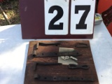 Old store display board w/ multiple hinges, straps, staple; approx. 11