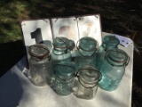 Atlas & Ball jars w/ lids (5) green & (2) clear