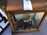 Old counter top shaving display case w/ glass including multiple brushes/sharpeners/etc.,