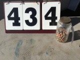 Jar of old play marbles in quart jar marked 5983