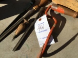 Group of misc. tools: chisels, hay hook in wood mustard box, horse nails