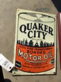 Quaker City Motor Oil metal sign, black & orange, some rust, 13