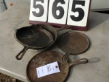 Group of Three Cast Iron Frying Pans and Lids, various sizes 8 1/2