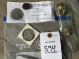 Assorted group;  Military buttons, 1919 WWI Victory Bond Pin,   1866 US 5 ¢ piece and Button Tool