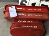 Group of 4 toy red wagon beds without running gears; 2 small Go Getters 14