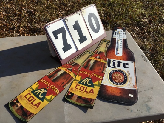 Group - 1 metal Lite beer thermometer (broken); 2 cardboard RC Cola advertisements