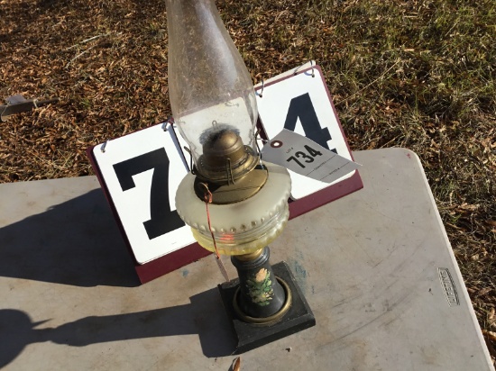 Glass oil lamp w/ printed porcelain base, 20"