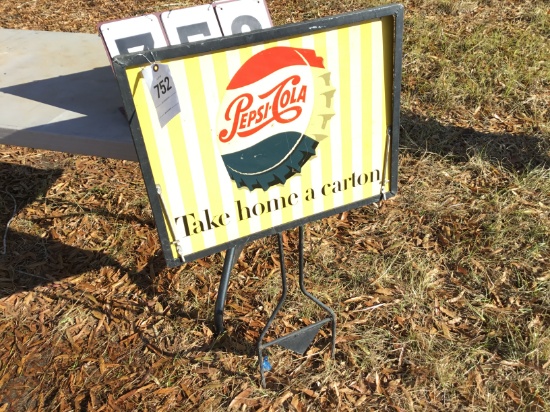 Metal sign, double-sided, "Pepsi-Cola Take home a carton", w/ yard frame, 18" x 24"
