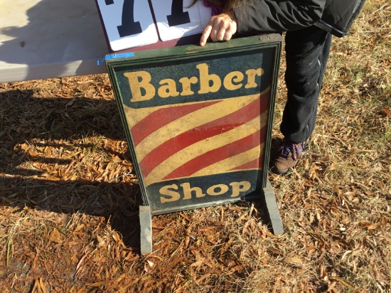 Standing wood Barber Shop sign, double-sided, made by American Standard Mfg. Co., 20" x 29"