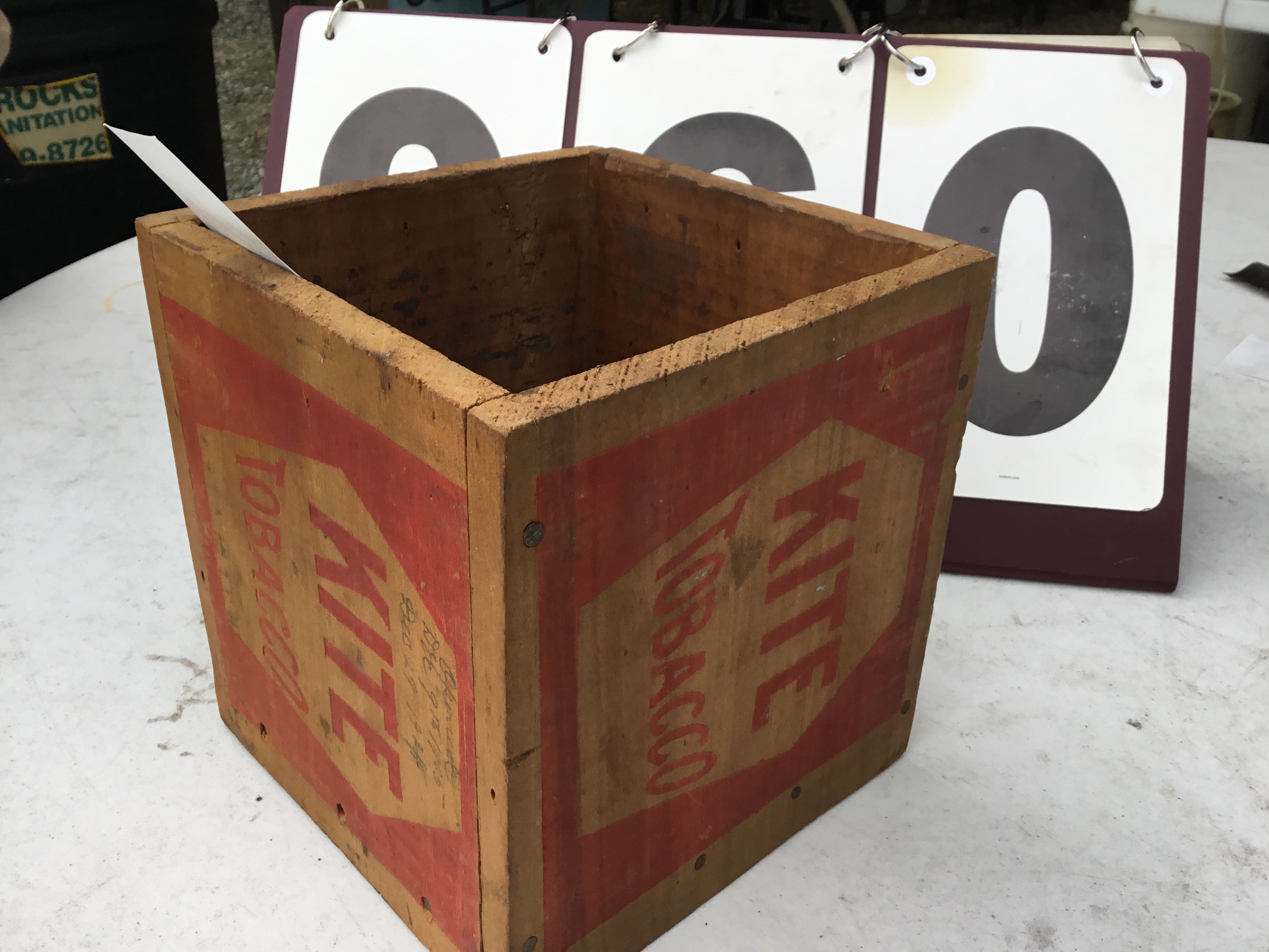 Wooden box painted Kite tobacco w/ miscelaaneous