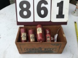 Wooden box stamped Corned Beef on outside w/ 9 sleeves of Railroad & Edgerton Snuff