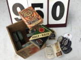 Wooden box w/ tobacco cans & old cigarettes & needle & thread, Red Coon Tobacco, approx. 7