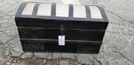 Vintage Trunk, painted silver and black, 32" x 16" x 18"h w/lift out shelf, bow (hump) top