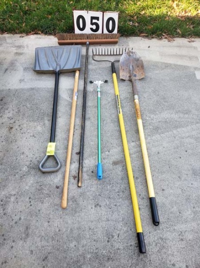 Group of five Yard tools-Shovels, Broom, Rake and a Grabber