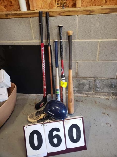 Sports Group with bats, putter, hockey stick, NY Yankees helmet, etc.
