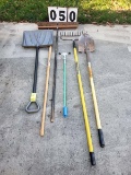 Group of five Yard tools-Shovels, Broom, Rake and a Grabber