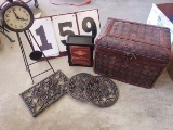 Group - clock, trivets and, decorative box and basket
