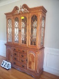 China Cabinet, glass front, lighted, glass shelves, 2 pieces, bottom has 2 cabinets and 4 drawers