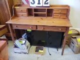 Oak Desk w/2 drawers and top shelf w/2drawers and 4 bins, desk top, attached shelf and drawers/bins