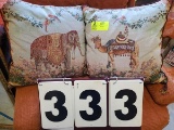 Group of designer pillows, oversized, w/images of camel and elephant, colorful