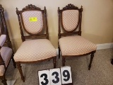 Pair, Formal Wood Straight Chairs with upholstered seat and back , originally part of 3 piece parlor