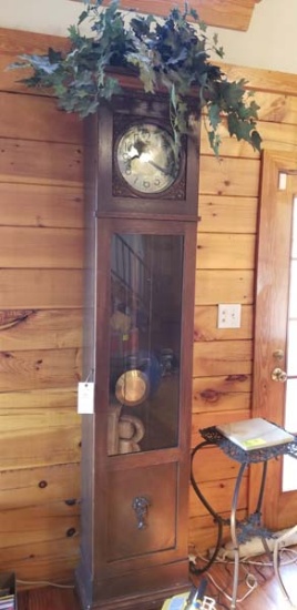 Grandfather Clock Metal Plaque inside states "Peerless Gong" includes pendulum & weights w Oak Case