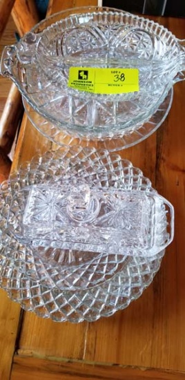 Group of Glass Plates, Serving Pieces (including divided dish and butter dish)