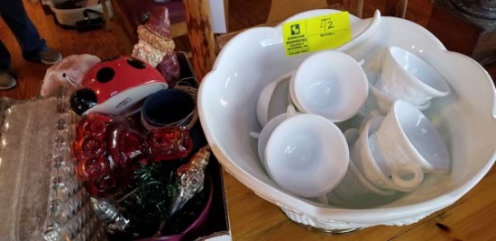 Milk Glass Punch Bowl with Cups and Ladle and Box of Decorator Items