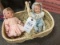 Pair of Handmade Porcelain Baby Girl and Baby Boy Pouty Dolls in Basket