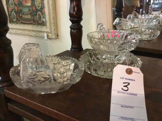 Half Shelf of Cut Glass includes 2 Handled Small Compote, Dish, and Candle Holders