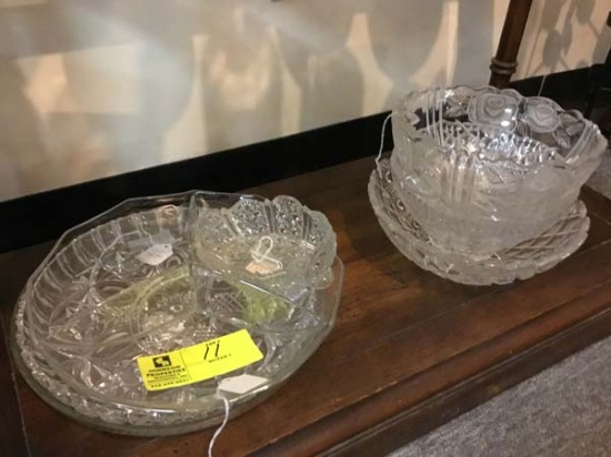 Shelf ofGlass Serving Tray, Crystal Tray, Floral Etched Leaded Glass Bowls, & Large Divided Dish