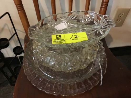 Depression Cake Plate in bubble pattern, Floral Quiche Dish, Large Clear Glass, and Divided Dish