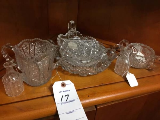 Shelf of Pressed Glass Dish, Cut Glass Nappy Dishes, Antique Cruet Pair, & Pressed Glass Sugar Bowl